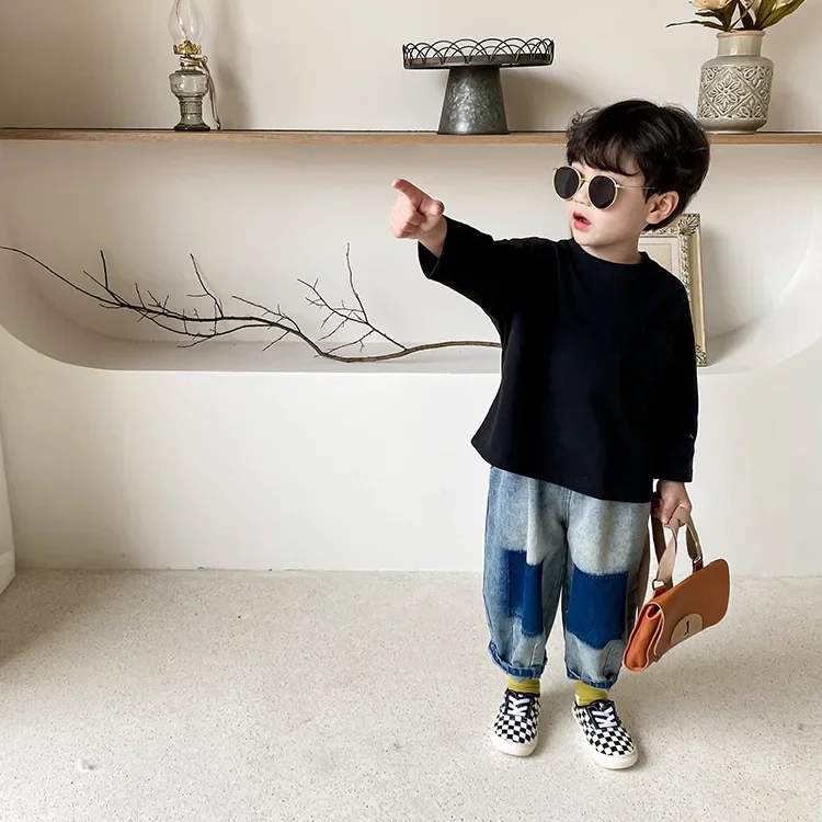 Korean style fashion patchwork jeans Boys fashion loose Sand washing denim pants 1-7Y
