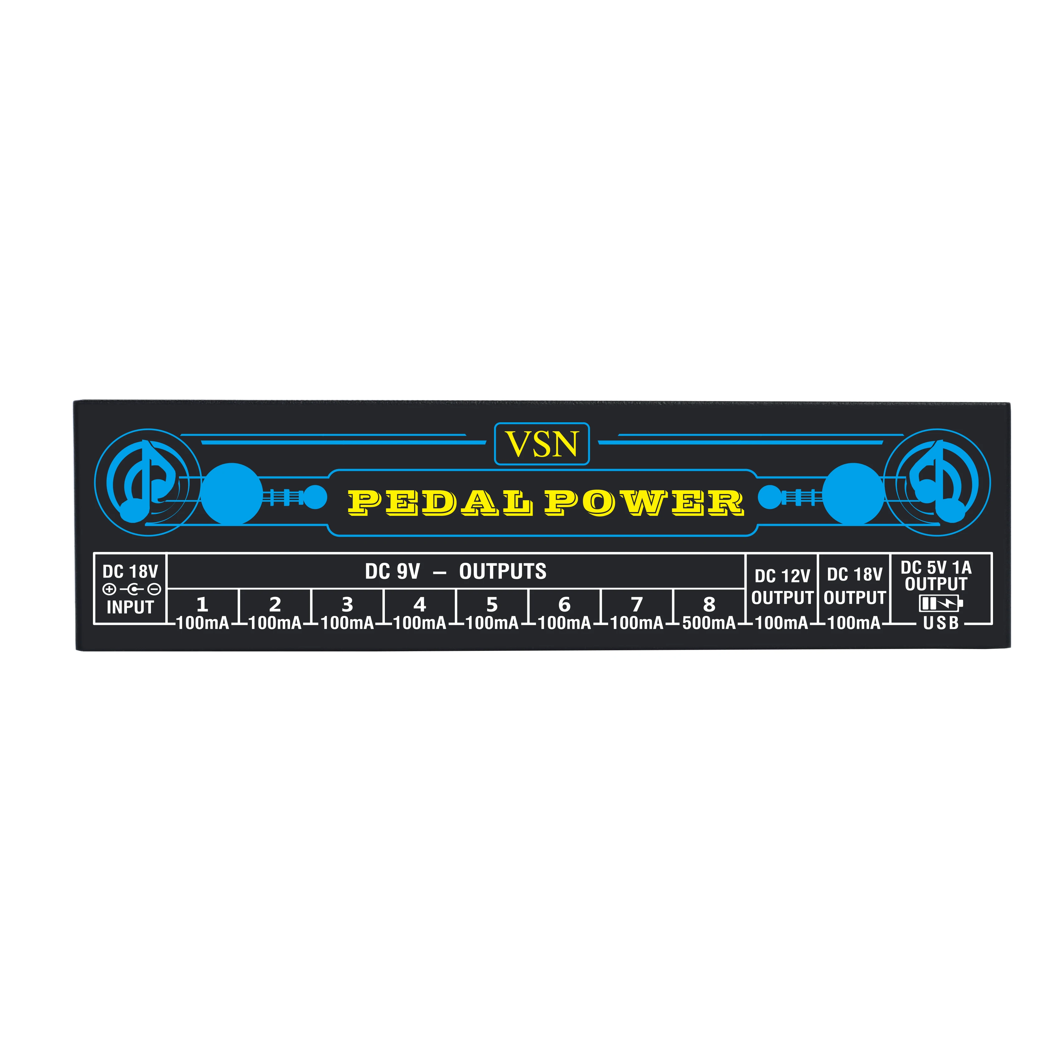 VSN Guitar Pedal Power Supply 10 Isolated DC Output 9V, 12V, 18V 100mA 500mA Bass Effect Pedals with USB Ports Charging Phone