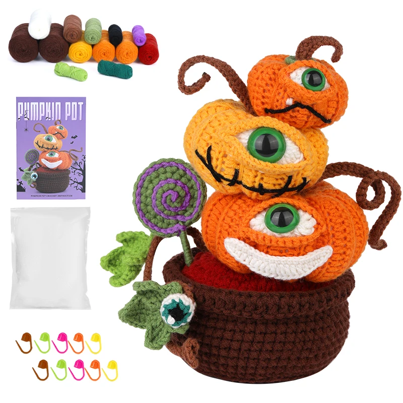 Zxiixz 1Set Halloween Crocheting Cartoon Pumpkin Ghost Kits Starter Knitting Kit with Video Tutorials Yarn for Adult DIY Present