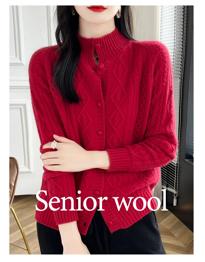 100% Wool Cashmere Cardigan Autumn Winter New Half High Collar Twist Coat High-End Knitwear Sweater Shirt Loose Women Thick Tops
