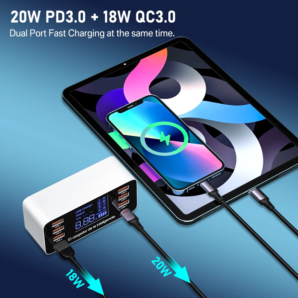 60W 8 Porte Quick Charge 3.0 Caricatore USB Tipo C PD 20W Stazione Di Ricarica Rapida Caricatore USB C Per IPhone 13 12 Adattatore Telefono Xiaomi