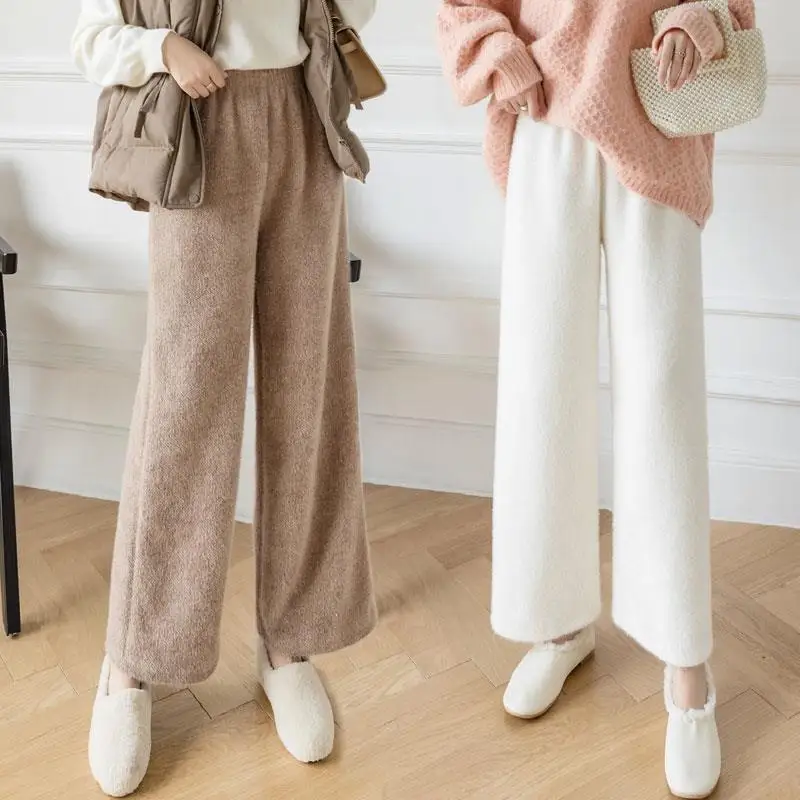

Mink Cashmere Wide Leg Pants Women's 2023 Autumn Winter High Waist Loose Hanging Feeling Casual Thickened Cashmere Pants S ~ 5XL