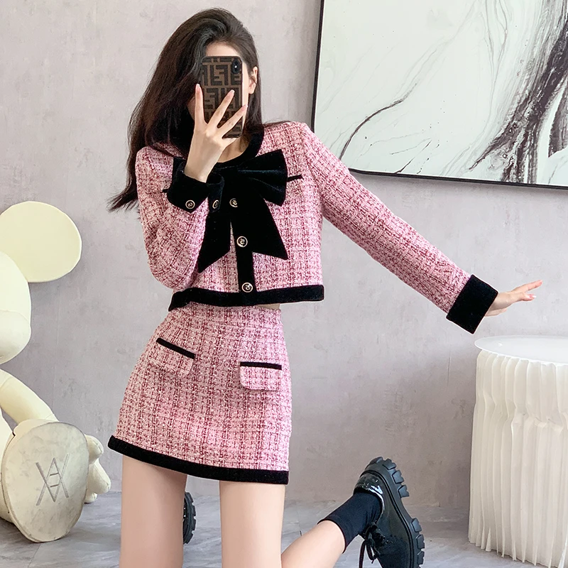 Pink Tweed Set Skirt Women Elegant 2 Piece Set 2024 Fall