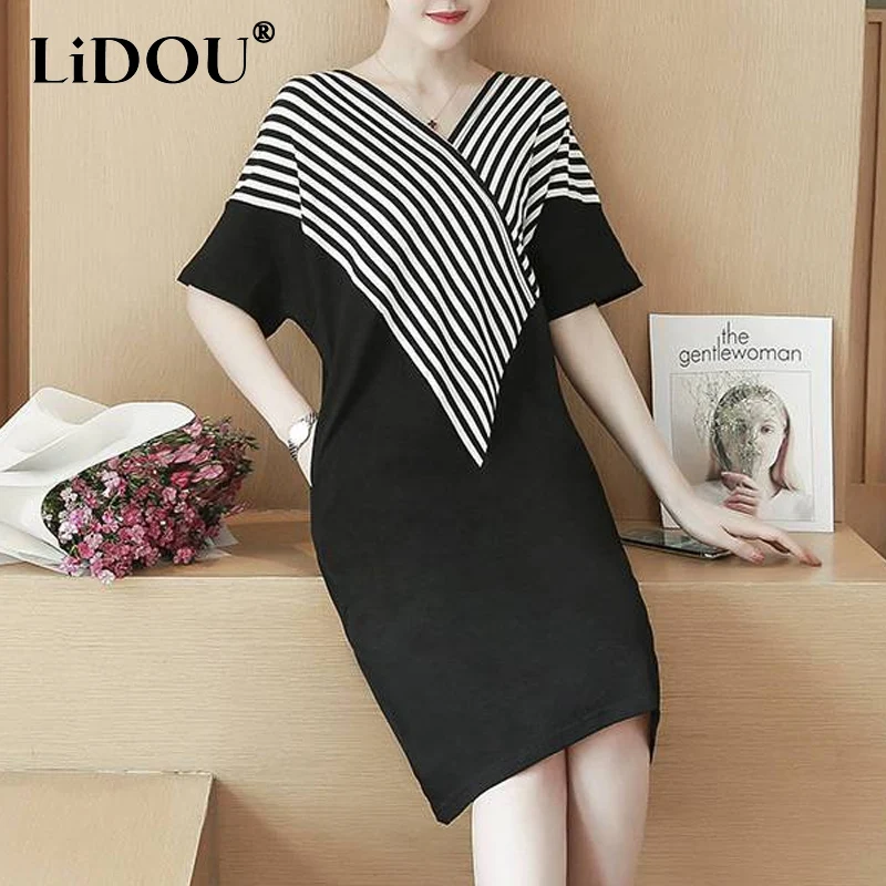 

2023 Summer New V-neck Striped Batwing Sleeve Midi Dress Women Korean Style Fashion Loose Casual Temperament Straight Dresses