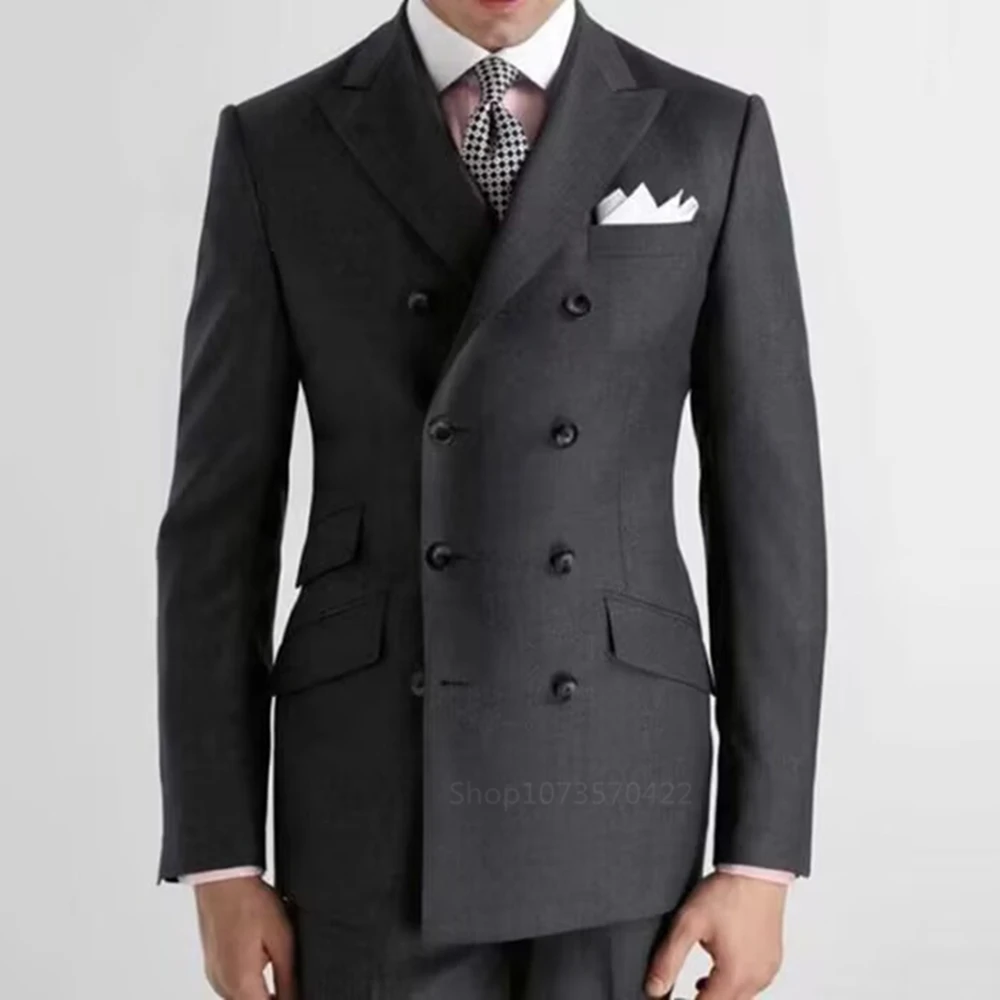 Dark Grey Men Suits Slim Fit Peak Lapel Double Breasted Blazer Wedding Groom Tuxedos 2 Piece Business Set (Jacket+Pants)
