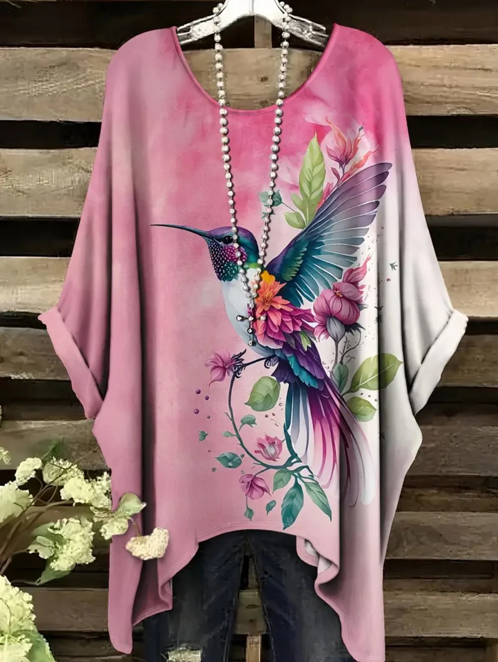 Summer Women's T-Shirt Hummingbird Peacock Print Round Neck Tail Comfortable Short Sleeve Oversized Tee Irregular Hemline Tops 1