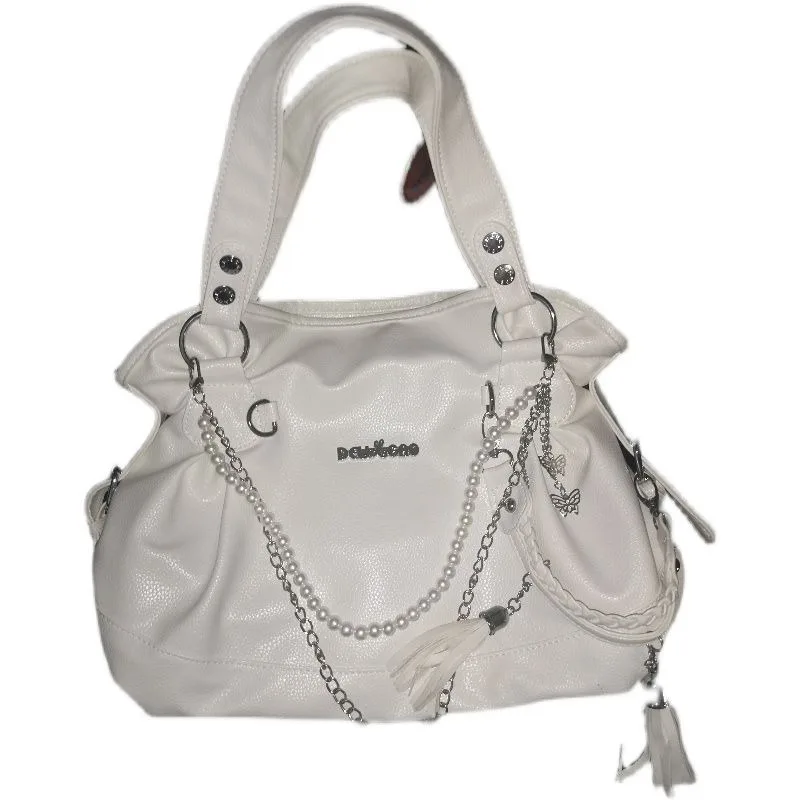 MBTI Original Y2k Womens Handbag White Goth Pearl Chains Fashion Tote Bag Aesthetic Large Capacity Designer Daily Shoulder Bag