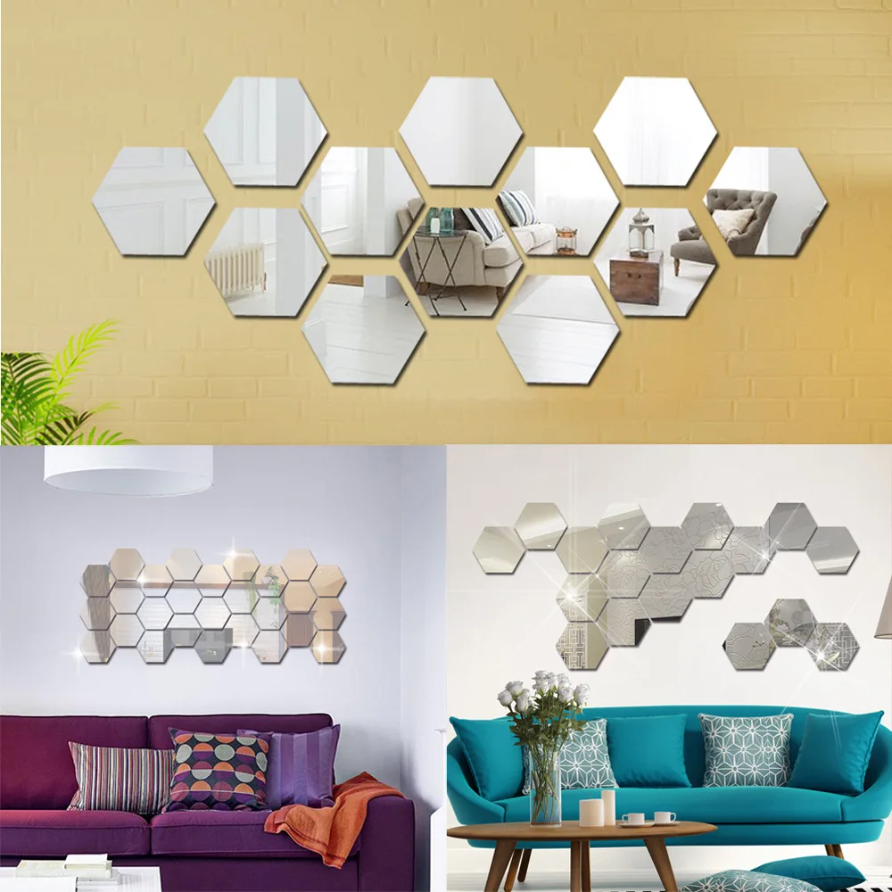Mirror Wall Sticker 12pcs 3D Mirror Wall Stickers Hexagon Acrylic Self Adhesive Mosaic Tiles Decals Removable Wall Sticker DIY Home Decor Art Mirror