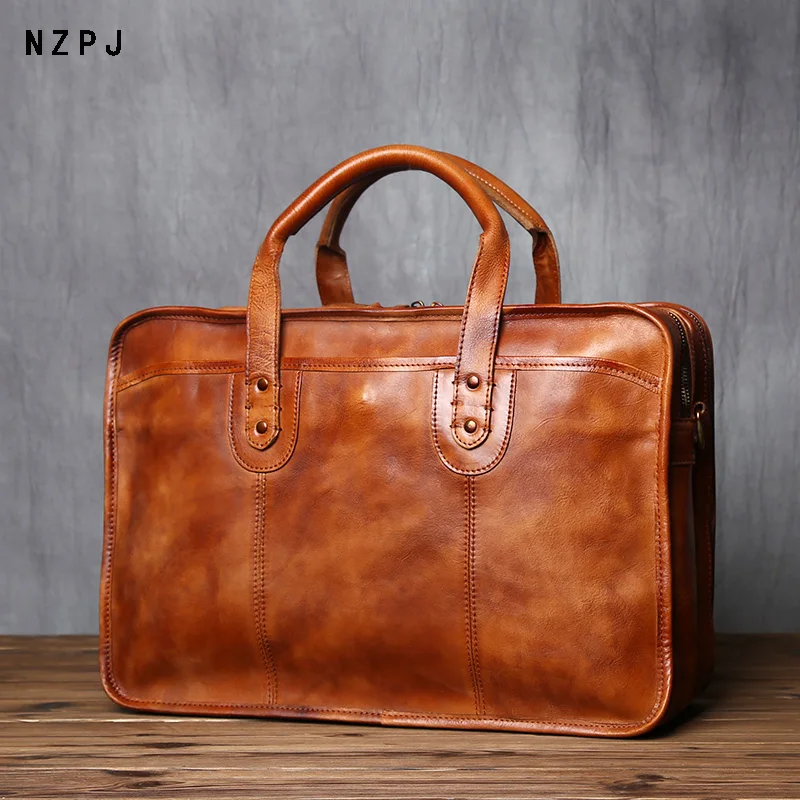 NZPJ Retro Men's Briefcase Top Layer Cowhide Handbag Travel Bag Handmade Leather Laptop Business Bag Shoulder Crossbody Bag