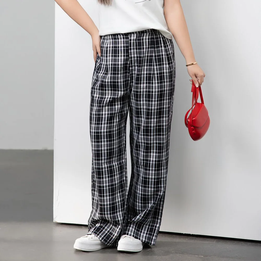 Premium Plaid High Waisted Loose Straight Leg Long Pants Plus Size Women Casual Preppy Style CHIC RETRO Trousers 8444