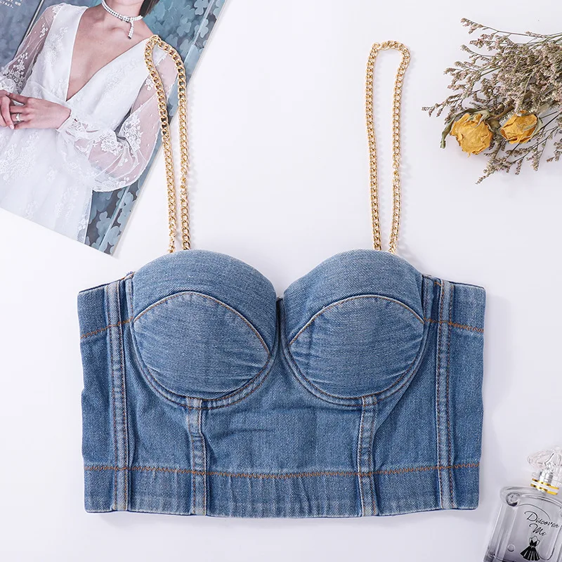 

Denim Bustier Women Gold Straps Blue Jeans Corset top Fish Bone Korse Beach Push Up Sexy Gorset Lenceria Lingerie Para Damas