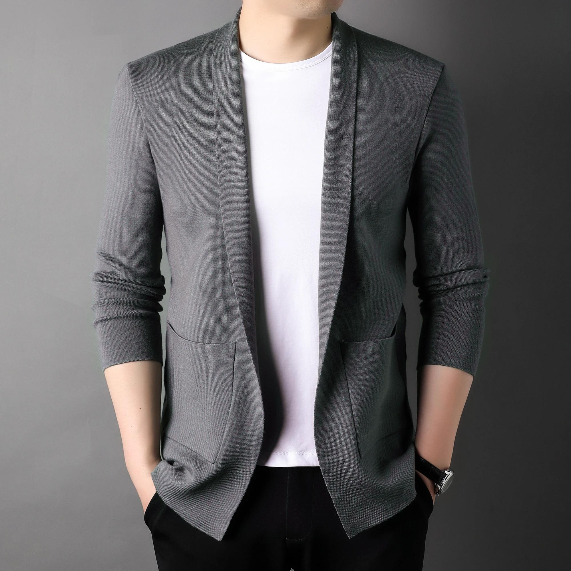 남성 단색 브이넥 니트 가디건, 한국 캐주얼 숄 스웨터, 패션 외투, 하이 엔드 브랜드, 2023 봄 가을 신상