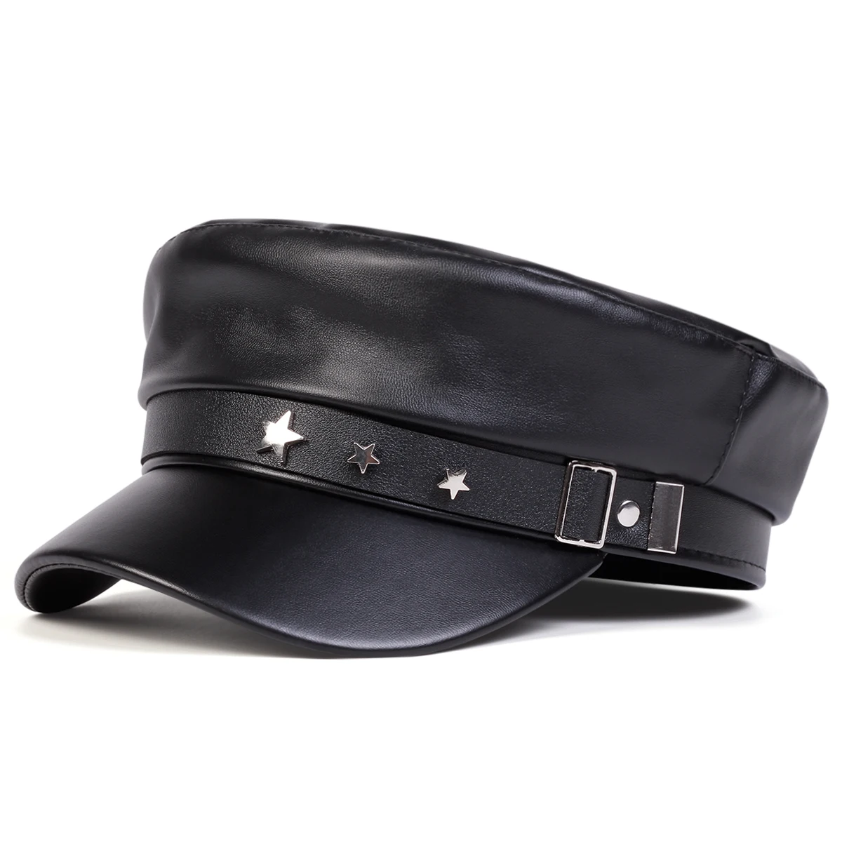 Unisex PU Leather Star Buckle Military Hats Flat Top Baseball Caps For Women Outdoor Sports Military Hats Cadet Sunscreen
