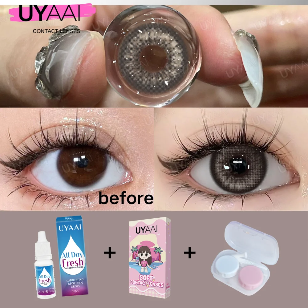 UYAAI-Myopie 0 ~ 600, 1 * lentilles de contact + 1 * gouttes pour les yeux de 10ml + 1 * pince à épiler + 1 * étui à lentilles, résistant à la mode arabe, yeux foncés, série Thai Tea