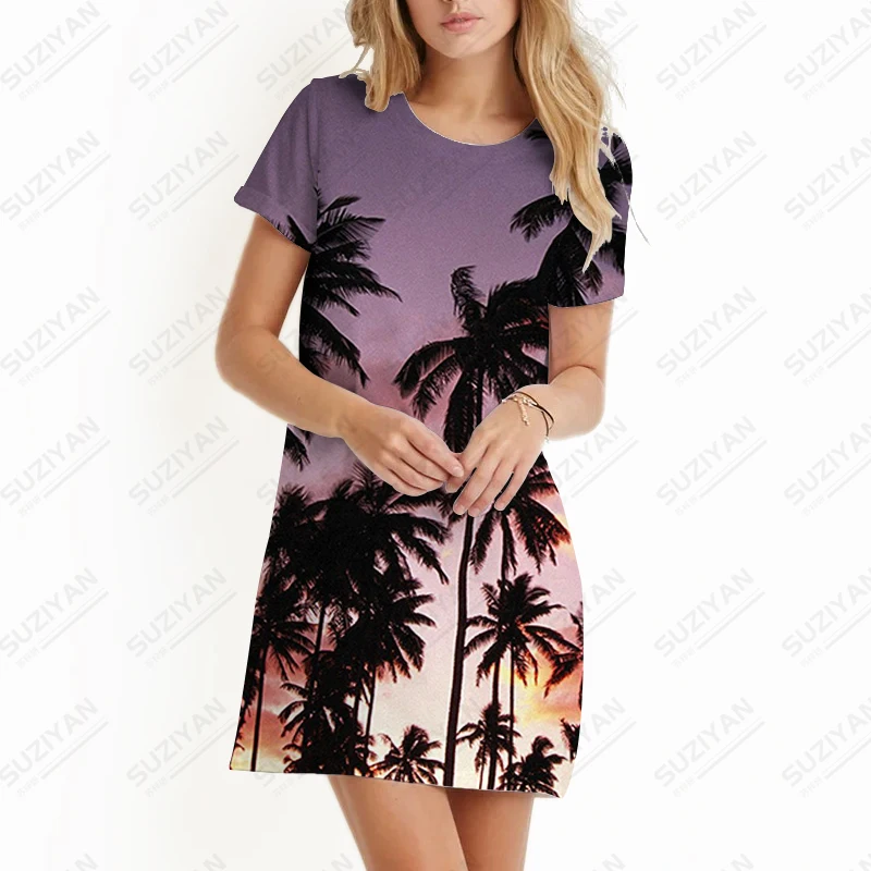 

Summer new lady dress, coconut tree 3D printed lady dress casual vacation style ladies dress fashion high -quality lady dress