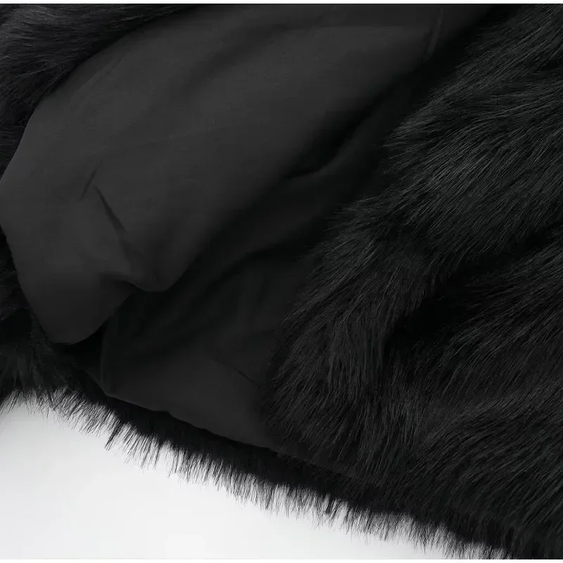 Schwarz Flauschigen Faux Pelz Jacken Frauen Lose Pelzigen Drehen Unten Kragen Langarm Mäntel Weibliche Winter Vintage Warme Dame Mantel – Detail 5