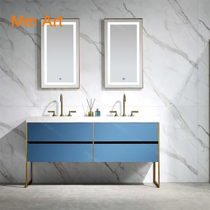 Blue double bathroom vanity set artificial stone wash top large capacity storage cabinet color and size