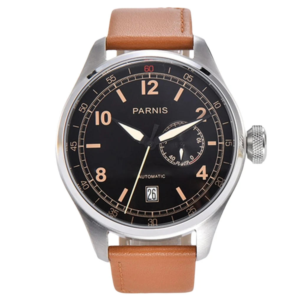 

PARNIS 48mm Men's Large Size Luxury Mechanical Watch Black Dial Date Luminous Waterproof Leather Strap Men's Top Automatic Watch