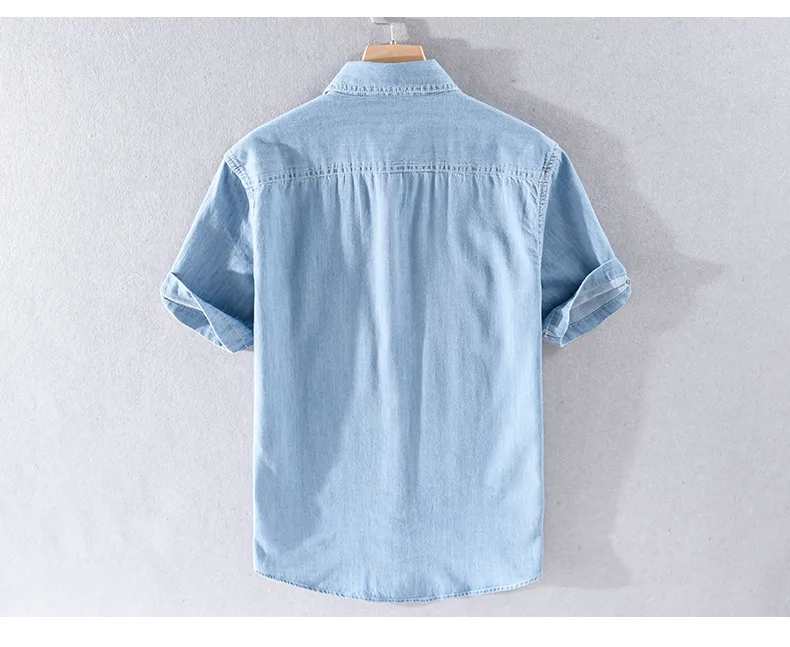 Summer Short Sleeve Denim Shirt Men Casual Slim Jean Shirts Pure Cotton Double Pockets Cowboy Shirt