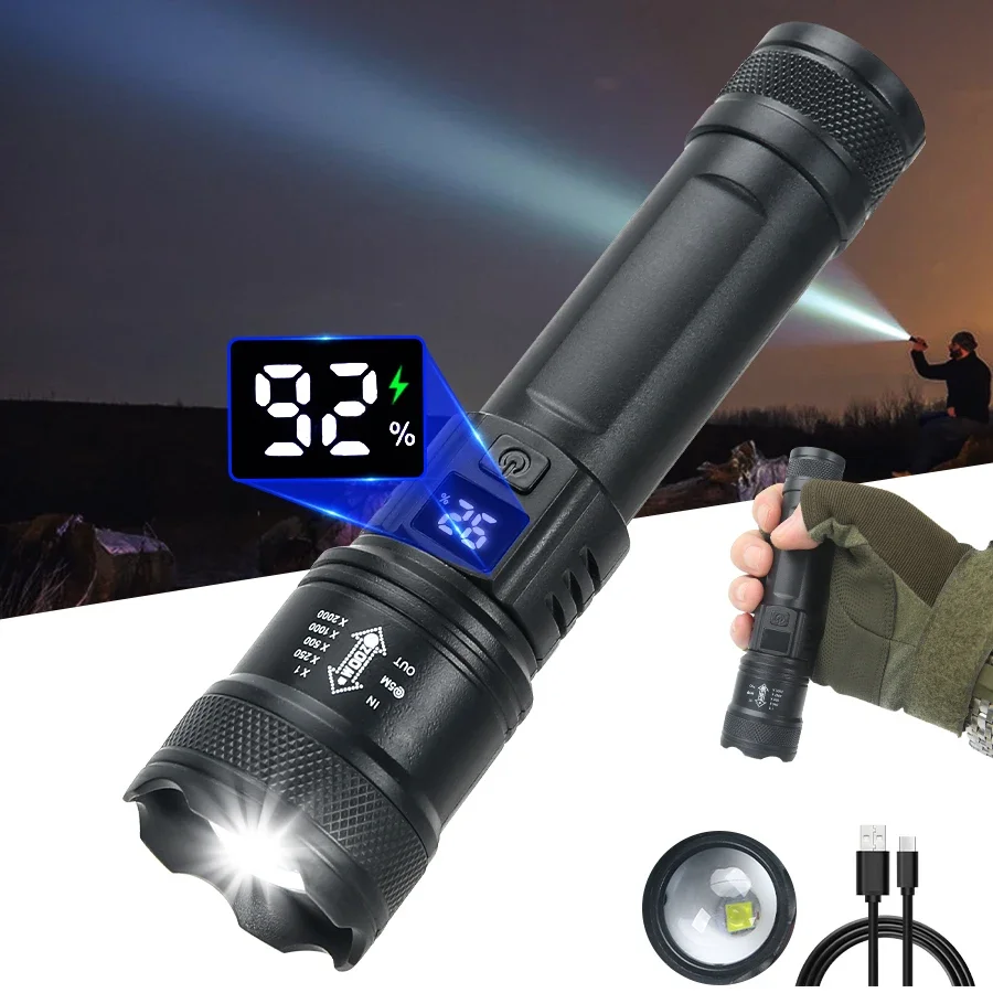 Description Picture 3 of item9900LM Powerful LED Flashlight Battery Display USB Rechargeable Light Telescopic Zoom Torch Lamp Outdoor Camping Fishing Lantern