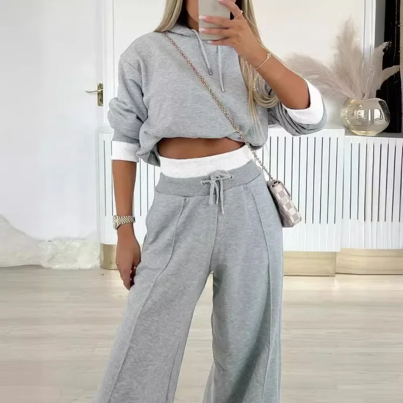 2024 Spring Autumn New Loose Sports Suit Women Long Sleeve Hooded Sweatshirt Drawstring High Waist Pocket Wide Leg Pants Suit 3