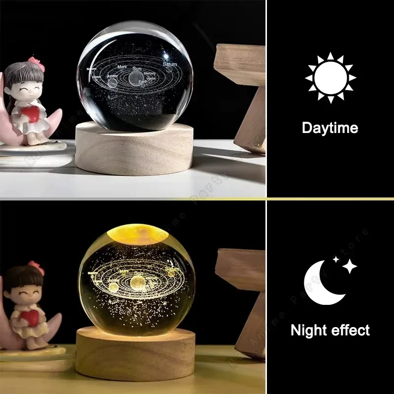 Unique 3D Crystal Ball Night Light Led Lamp Bedside Table Glowing Galaxy Lamp Saturn Planets Moon Children Birthday Gift Toy