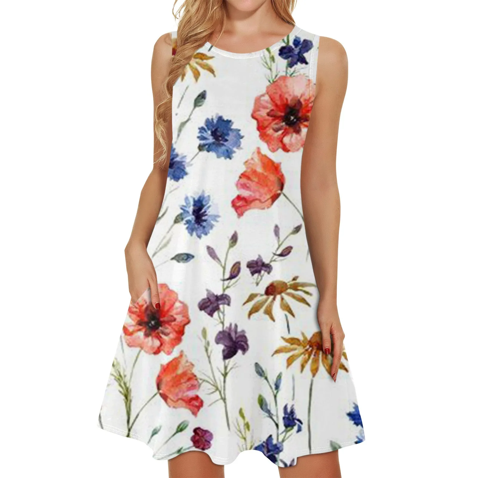 

Summer Ladies Casual Print Round Neck Sleeveless Beach Swing Dress Elegant Popular Summer Dresses For Women 2023 платье