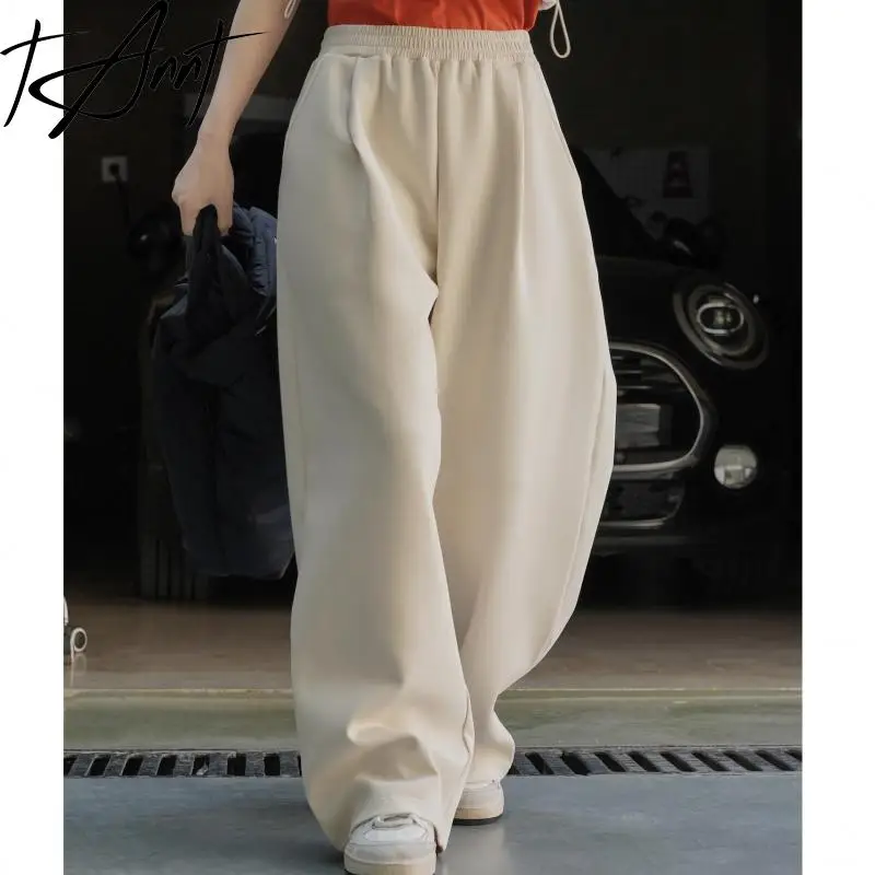

Tannt Women Pant Elastic Waist Wide Leg Pants Match All High Waist Gray Apricot Sweatpants Women 2023 New Leisure Trousers