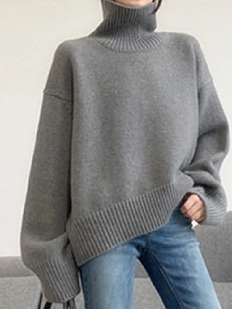 

2022 Autumn and Winter New Thick Cashmere Sweater Women High Neck Pullover Sweater Warm Loose Knitted Base Sweater Jacket Tops