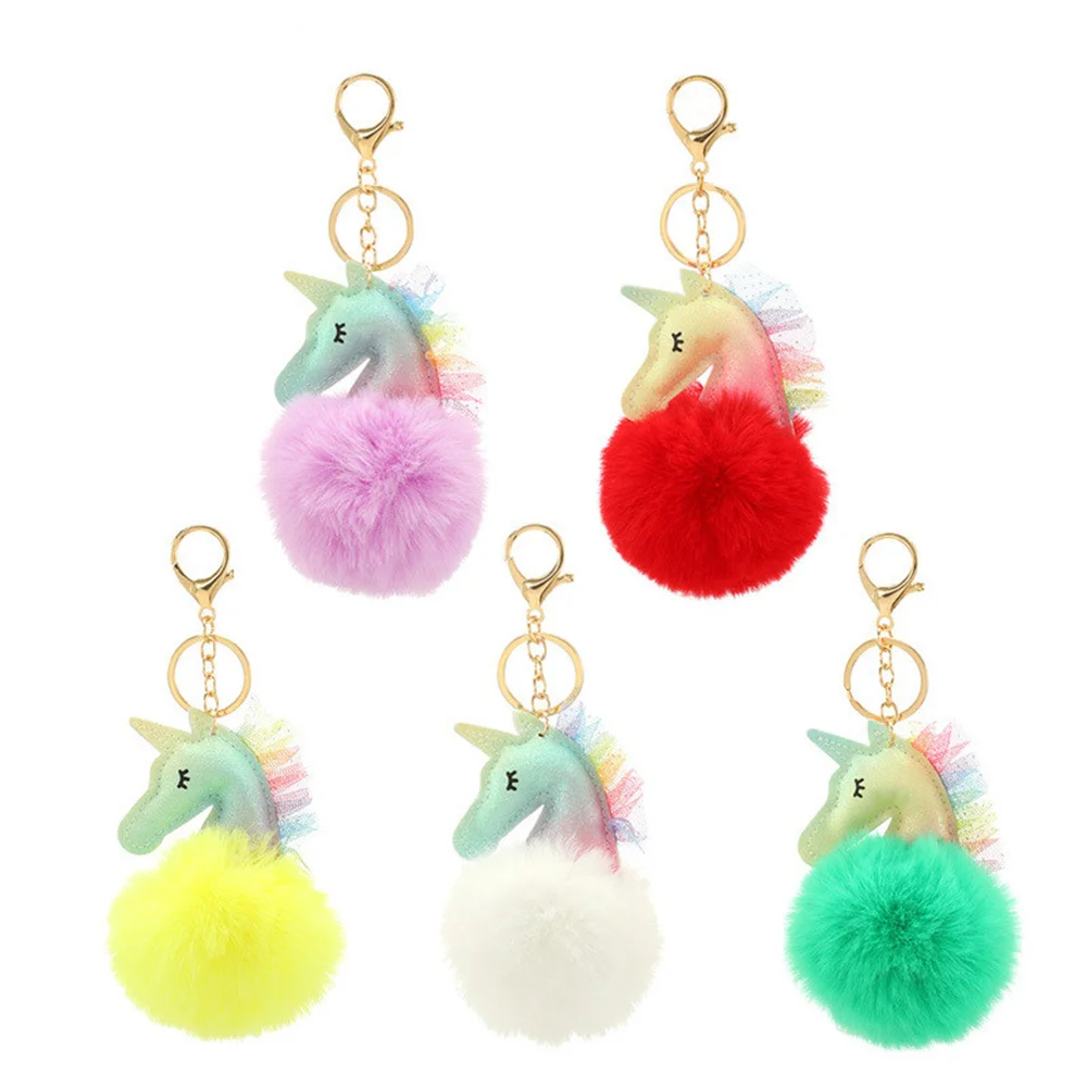 

Fantasy Unicorn Fur Ball Keychain Cute Colorful Car Keyring PU Leather Plush Bag Pendant Decoration Charm Gift for Women Men