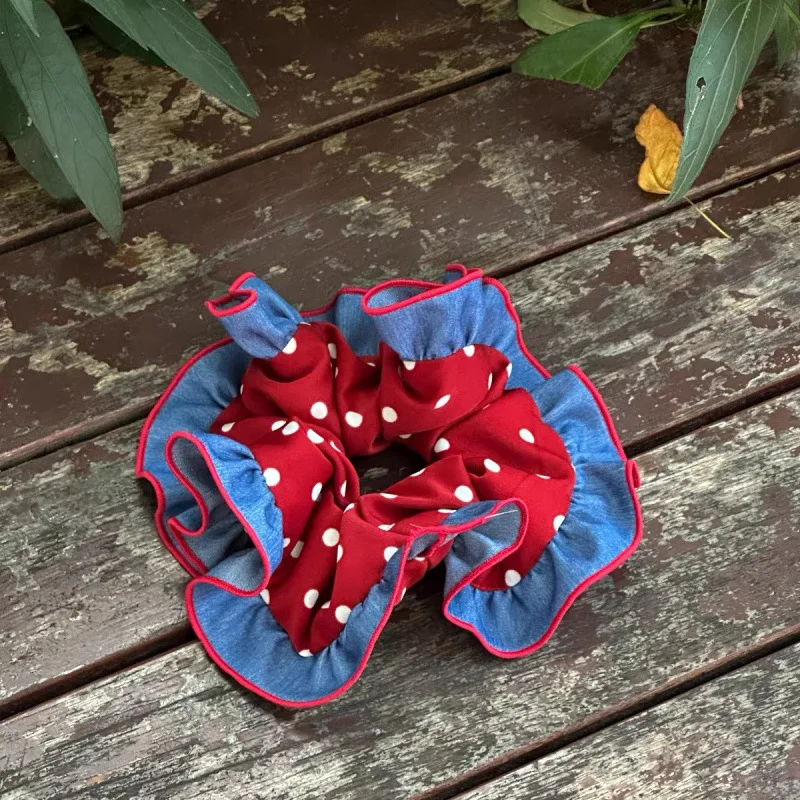 Vintage Polka Dot Bow Denim Hair Scrunchie - Stylish & Versatile Accessory