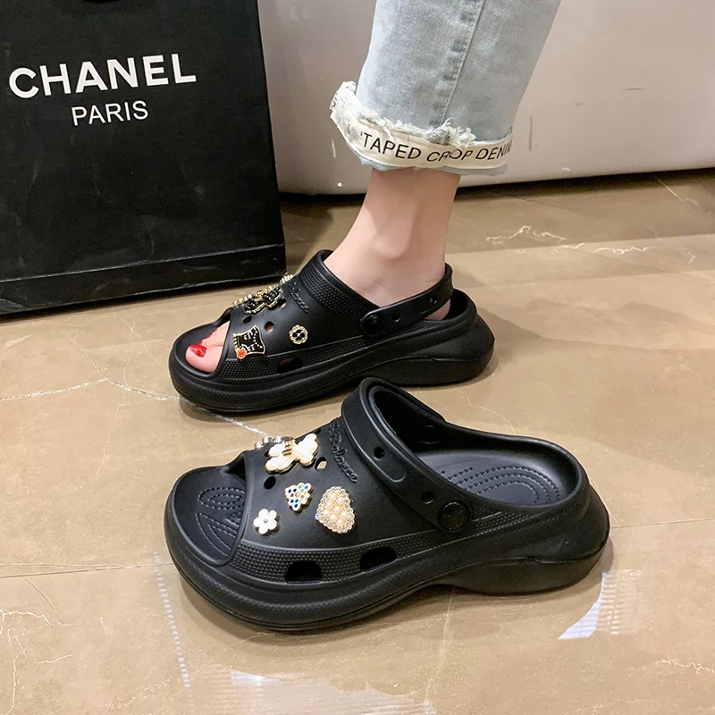 Fashion Drilling Slippers In Summer Large Size Beach Shoes Thick-soled  Non-slip Sandals Waterproof Clogs Shoes Ladies Surf Shoes - AliExpress