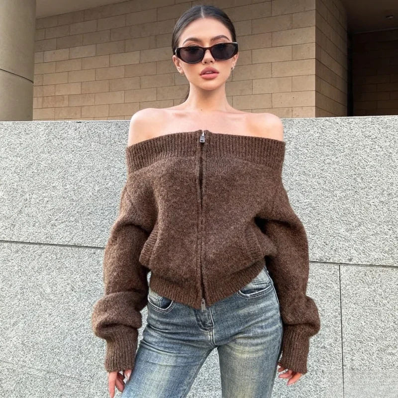 Y2k New Autumn Women's One-word Shoulder Long-sleeved Sweater Sexy Zipper Cardigan Solid Color Slim-fit Knitwear Top
