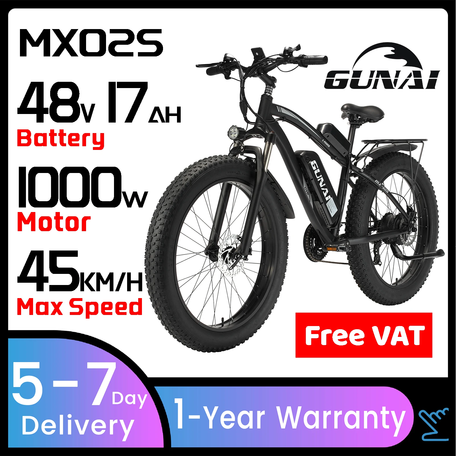 Gunai - Vélo électrique Pneus 26 GUNAI MX02S Fat Bike Adulte 1000W 17Ah  45KM/h VTT Electrique Noir - Vélo électrique - Rue du Commerce