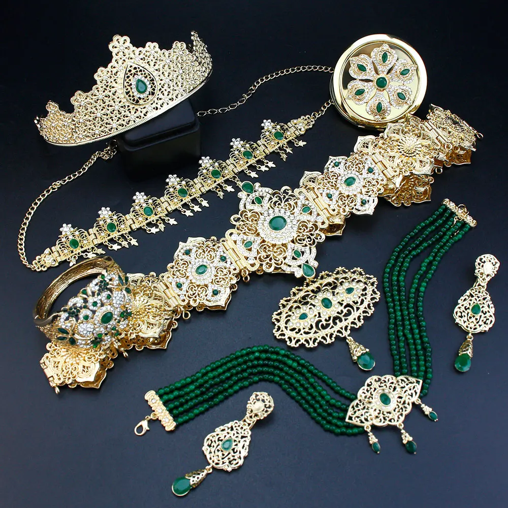 Sunspicems-Ensembles de bijoux de mariage marocains de luxe pour femmes, document en or, cristal, arabe, caftan, ceinture, tour de cou, broche, cheveux, 8 pièces