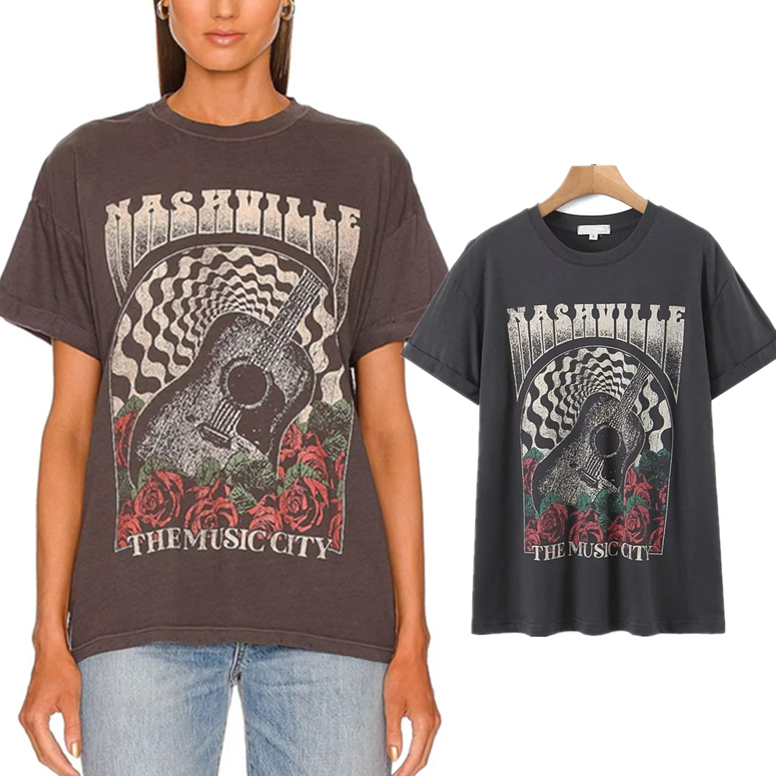 

Elmsk 2023 Guitar Rose Printed Cotton T-shirt For Women Summer Vintage Loose Tshirts Lady Tops