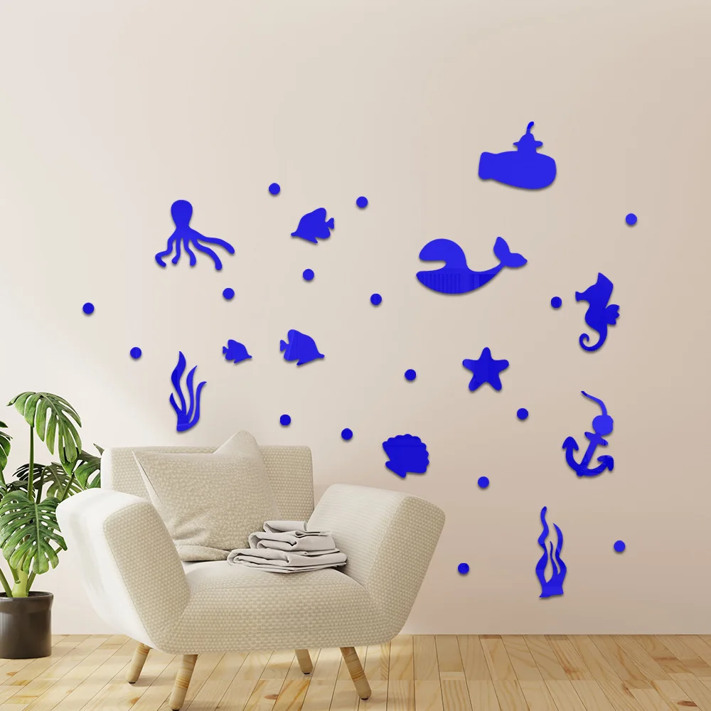 Marine animal acrylic Mirror Wall Stickers children's room Bathroom Wall Decoration Self-pasting Drawing paper Bedroom wallpaper