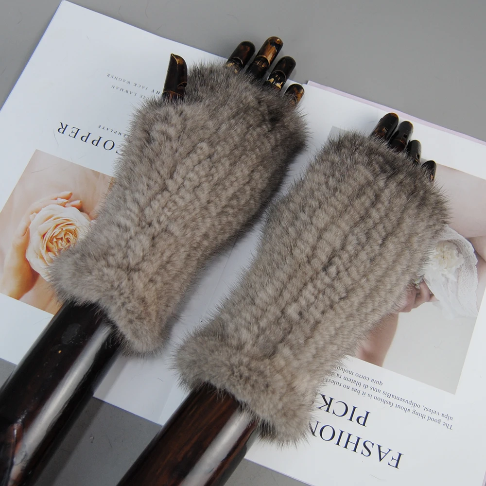 Winter Gloves Lady Real Mink Fur Gloves Girls Real Knitted Mink Fur Fingerless Gloves Winter Strong Elasticity Mittens