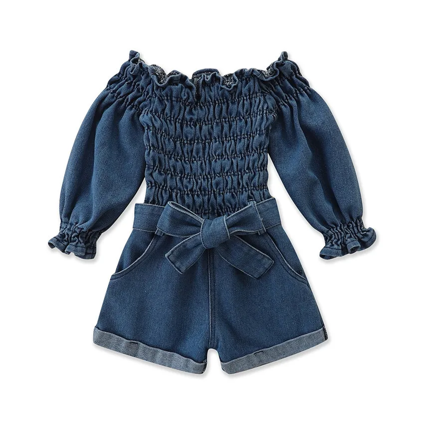 

1-6Y Toddler Girls Denim Jumpsuit Fashion Kids Long Sleeve Shoulderless Playsuit Shorts Jeans Rompers With Belt Children Clothes