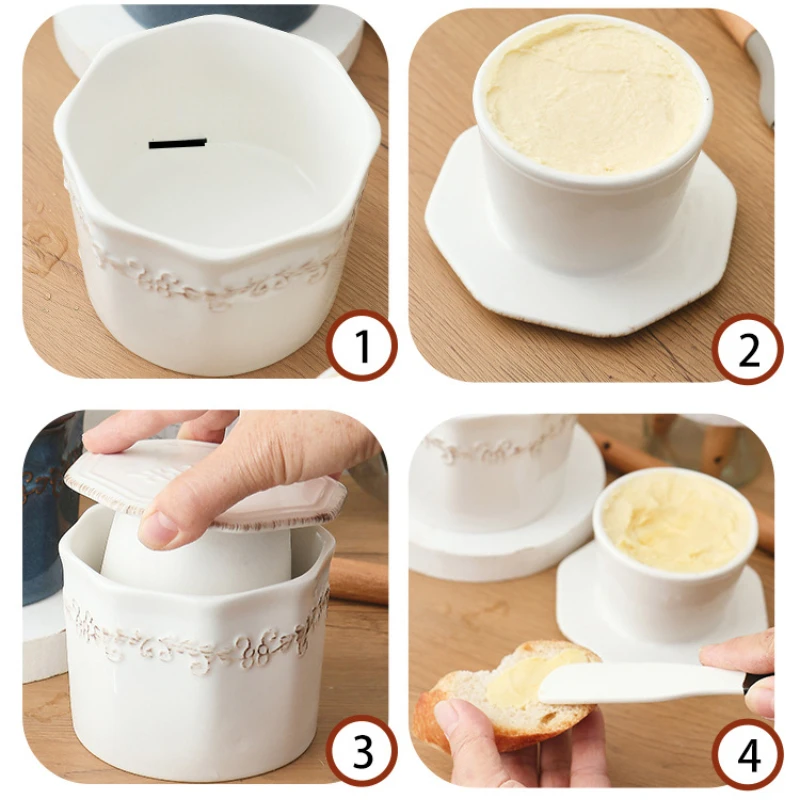 French Butter Crock with Lid for Kitchen Countertop Ceramic Soft Butter Dish with Knife Cheese Container Keeper With Waterline