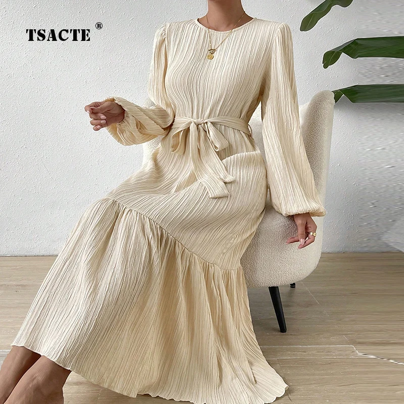 

Retro Casual Loose Tie Up Womens Dress Lotus Leaf Sleeve Round Neck Solid Color Temperament Dress 2024 Early Spring Elegant Wear