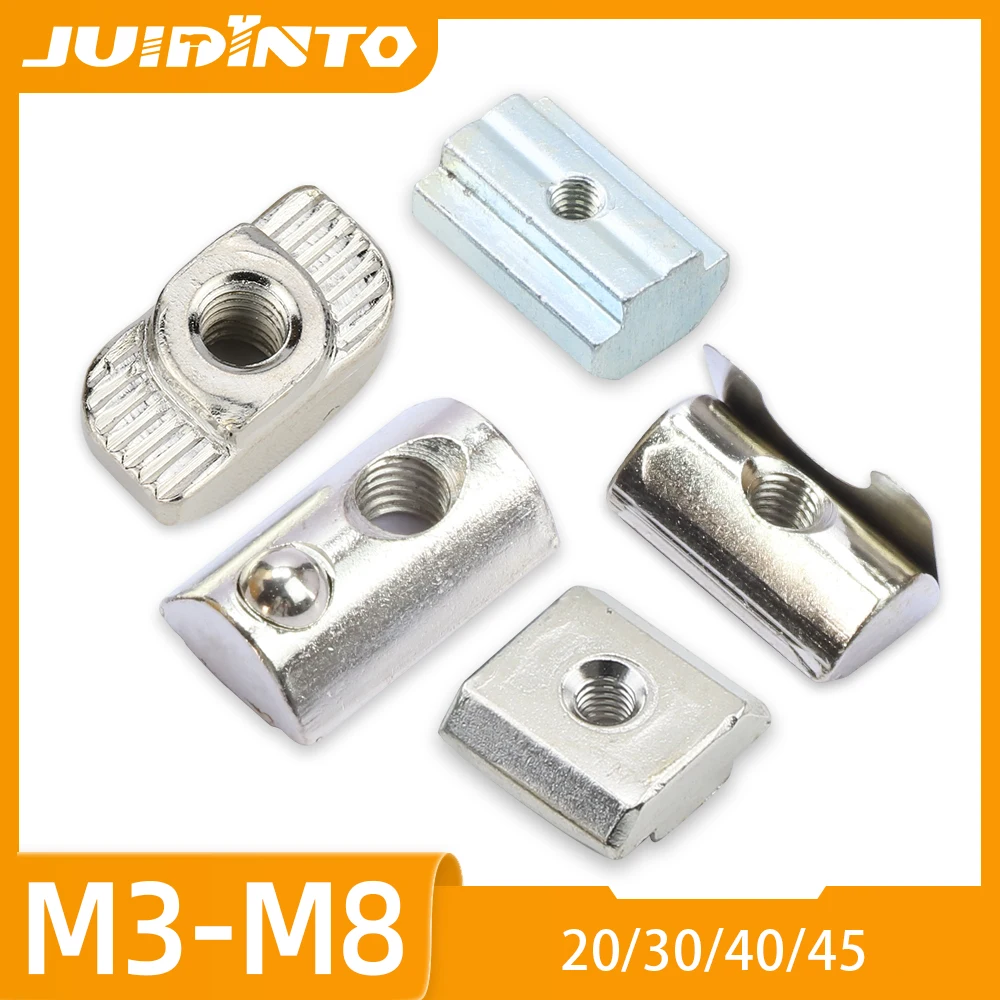 T Block Sliding Nut M3 M5 M6 M8 Zinc/Nickel Plated Roll in Spring T-nut With Ball 5-10pcs For 20 30 40 45 Aluminum Profile Slot