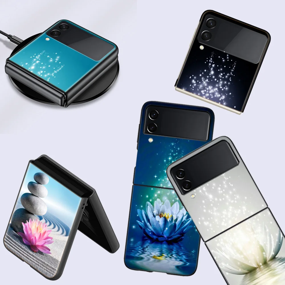 Custodia Per Cellulare Lotus Blue White Flowers Per Samsung Galaxy Z Flip 5 5G Flip 4 3 5G Funda Black Coque Hard Pc Luxury Cover