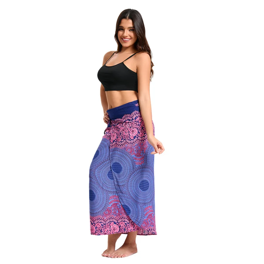 Women’s Boho Maxi Wrap Long Skirt Tie Up Beach Cover Up Dress Vintage Bohemian Adjustable High Waisted Holiday Rayon Dress 2