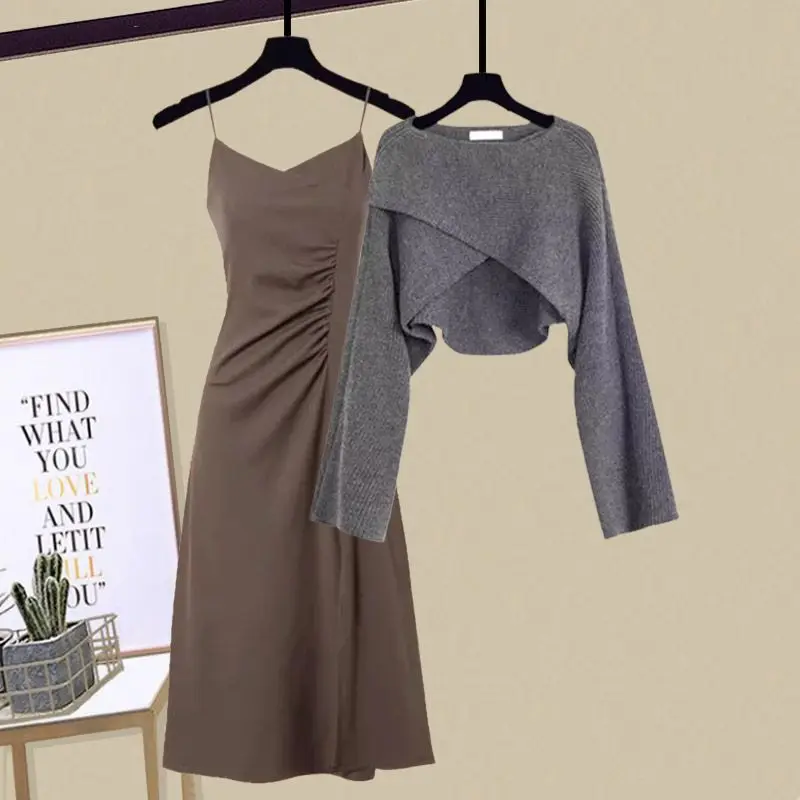 Autumn/Winter Set 2024 New Irregular Knitted Sweater Sweater Women's Style Slim Slim Hanging Dress Two Piece Set