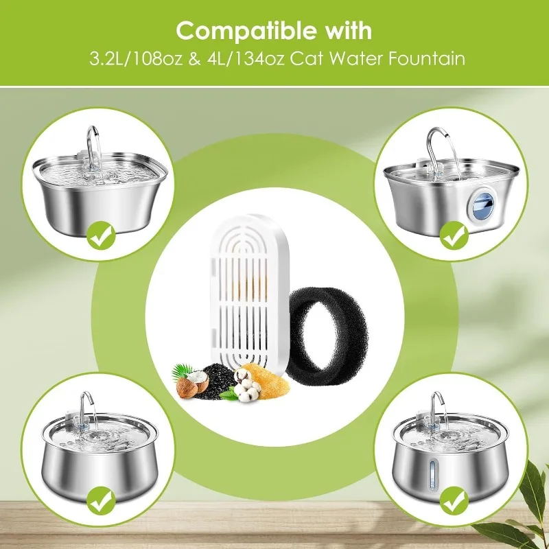 3-Pack Cat Water Fountain Filter Replacement Kit With Pre-Filter Sponges For 4L Automatic Pet Water Dispenser