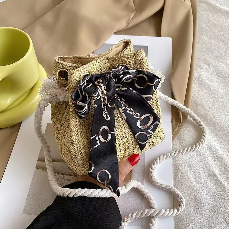 

Summer Straw Shoulder Bag for Women 2022 Rattan Woven Crossbody Bucket Bags Female Silk Scarf Bohemia Beach Handbag and Purses