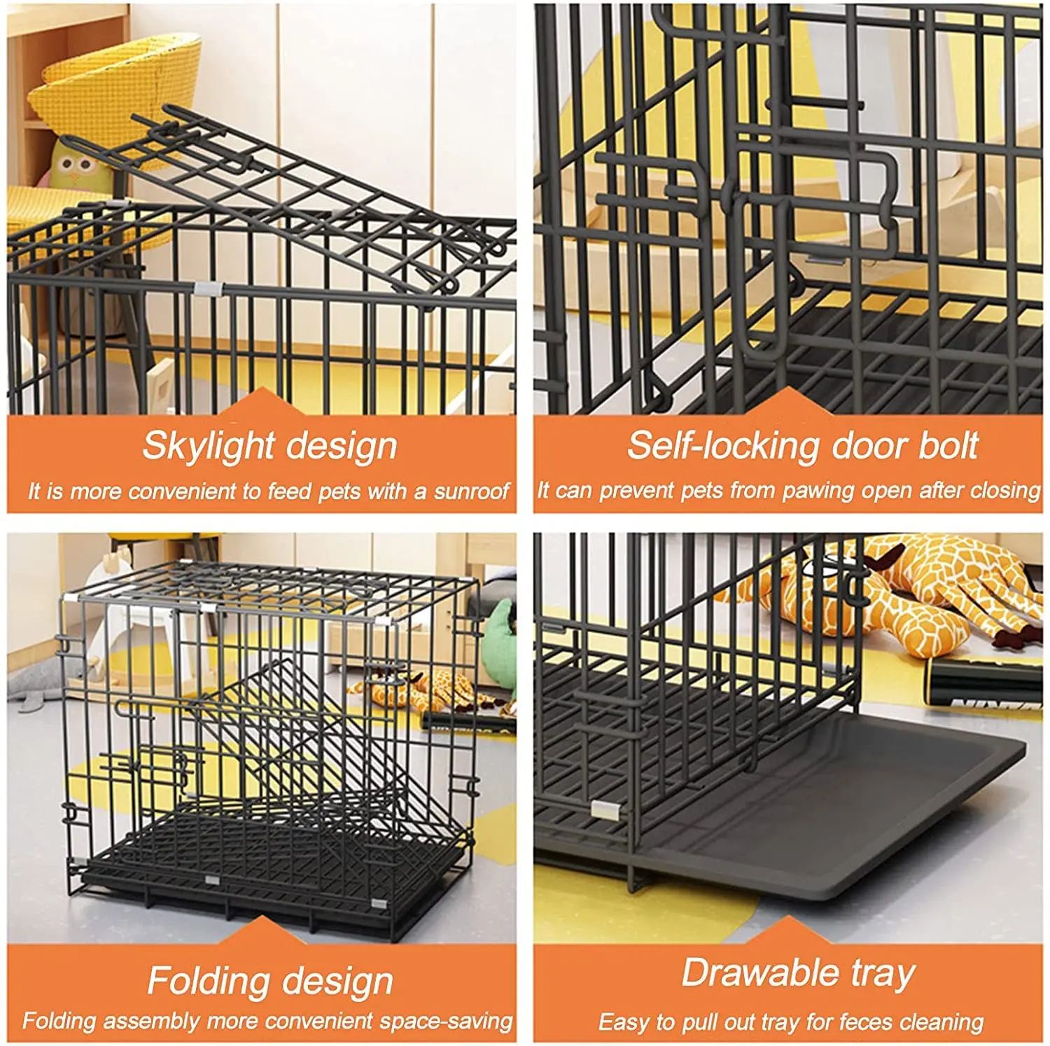 Faltbare Metallkiste mit Auslaufsicherer Schale, Robuster Haustierkäfig, Reißfester Metallzwinger, Laufstall für Hunde, Katzen und Welpen-Training – Detail 8