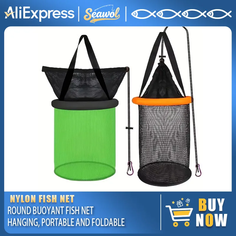 Collapsible Nylon Fish Keep Net in Orange-Black/Green-Black - Portable and Durable Design