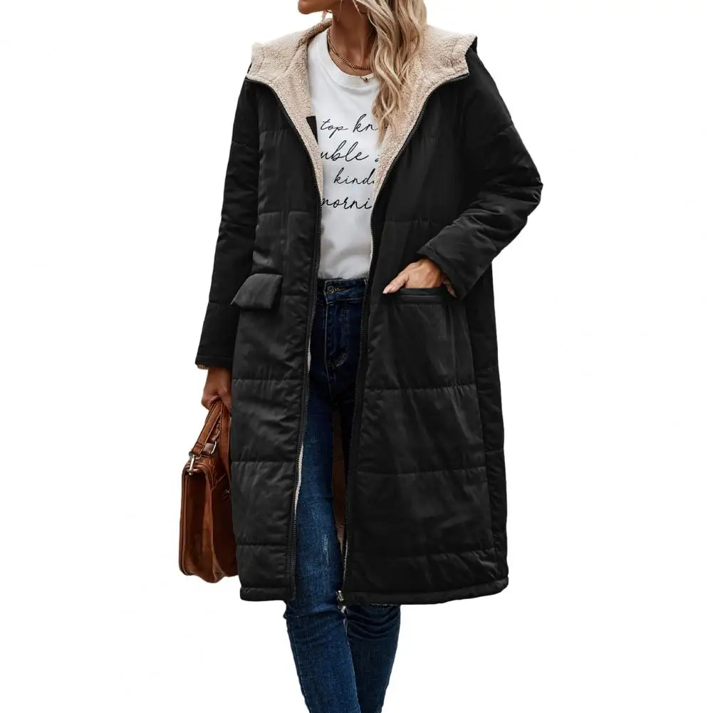 2023 Winter Mid-Length Hooded Cotton Jacket Women Autumn Plush Lining Solid Ladies Parka Loose Female Zipper Outwear Double Wear